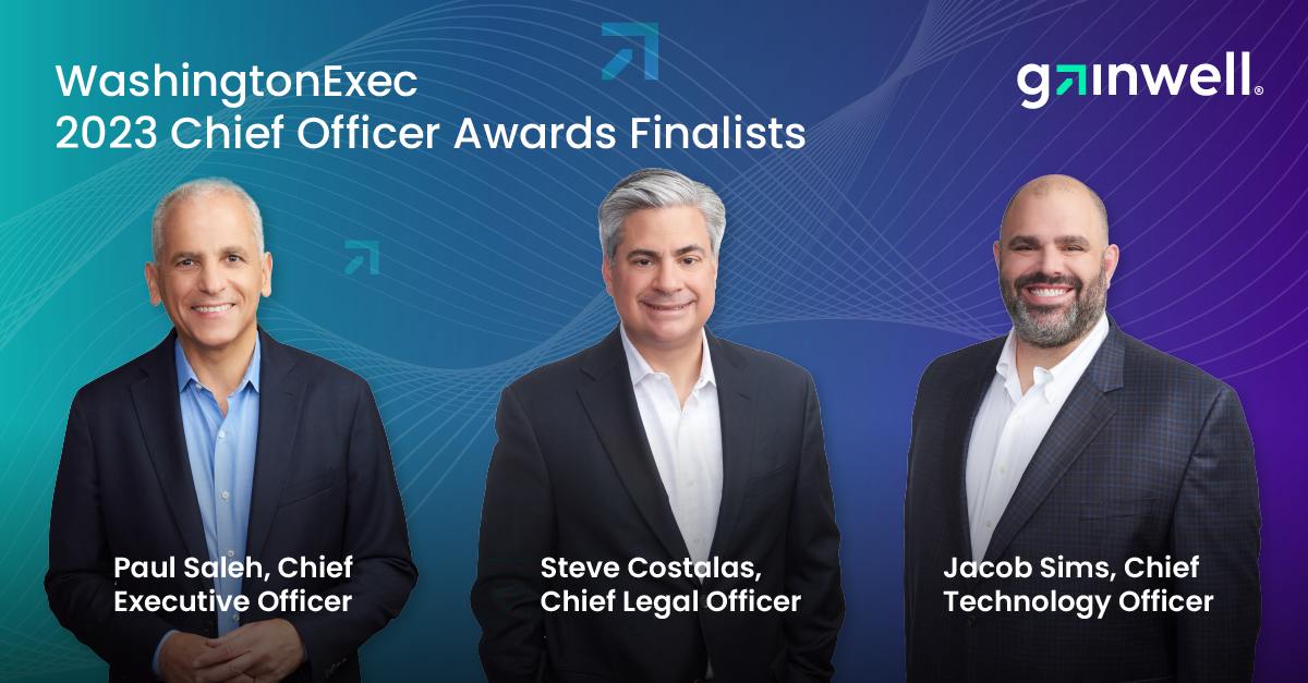 A photo of Gainwell leadership in professional attire smiling at the camera superimposed over digital linework