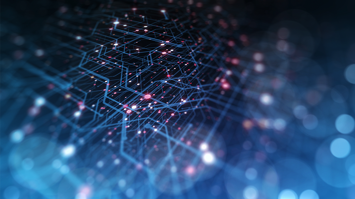 Abstract image of computer hardware and wave pattern network data connections representing intelligent automation powering health and human services outcomes.